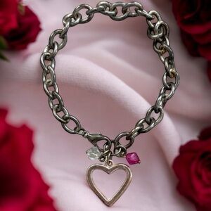 Vintage Charm Bracelet Silver Open Link Chain Open Heart Pink White Crystals